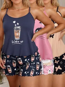 Women's Plus Size Sleepwear Set, Butterfly Heart Print Pajamas, Sleeveless Top and Shorts, Comfortable Fit Nightwear, Casual Style