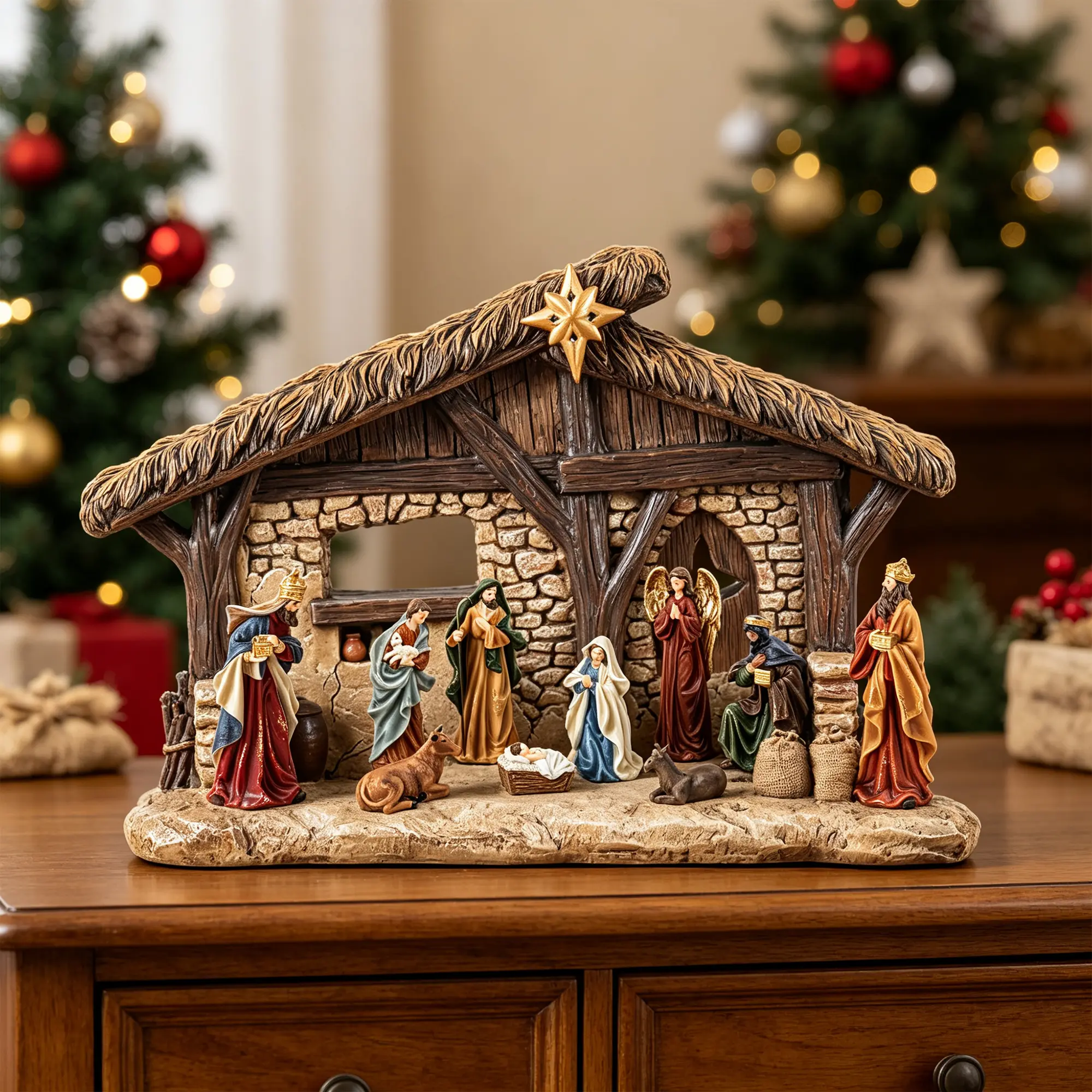 Glitzhome 14.5"H Lighted Resin Nativity Scene Stable Creche
