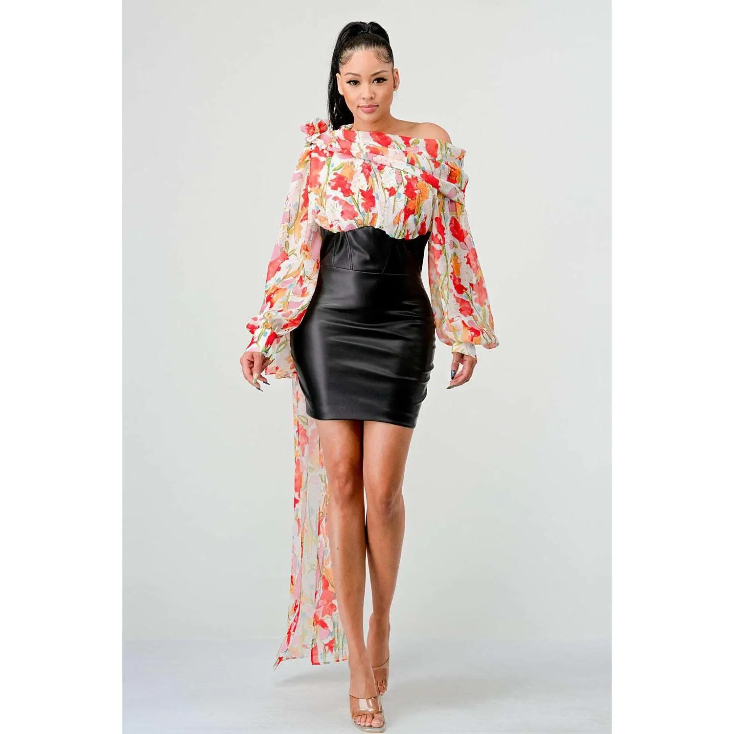 Floral Casual Long Sleeve Leatherette Mini Dress - Women's Print Statement Dress