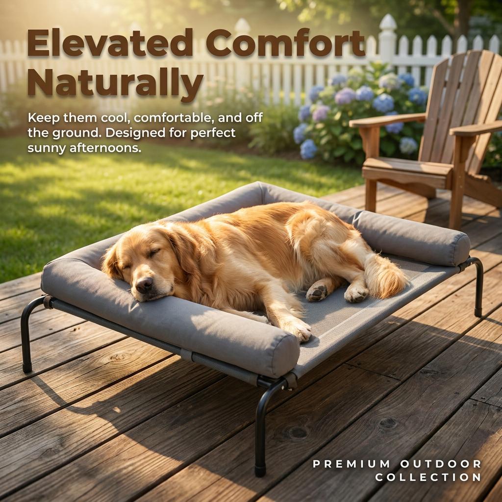 Elevated Cooling Dog Bed Raised Dog Cots Beds for Large Dogs, Summer Outdoor Dog Bed for Large Dogs, Chew Proof Portable Cooling Pet Cot Skid-Resistant Feet, Frame with Breathable Mesh