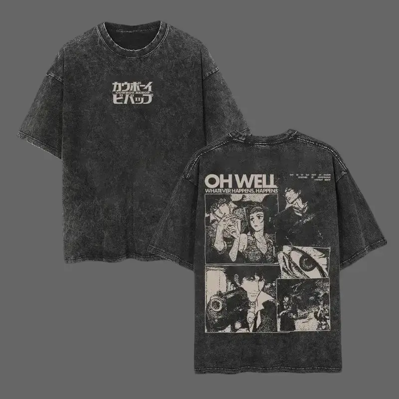 Retro Vintage Cowboy Bebop Anime Double Printed  Washed T-shirt Unisex Mineral Anime Manga Washed Heavy Cotton T-shirt, Gift For Anime Fan Lover