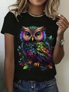 Women's Anime Owl Print T-Shirt - Soft Breathable Fabric with Psychedelic Owl Pattern, Casual Round Neck Short Sleeve Top Suitable for Summer Parties & Daily Wear - Machine Washable Anime Fashion Tee