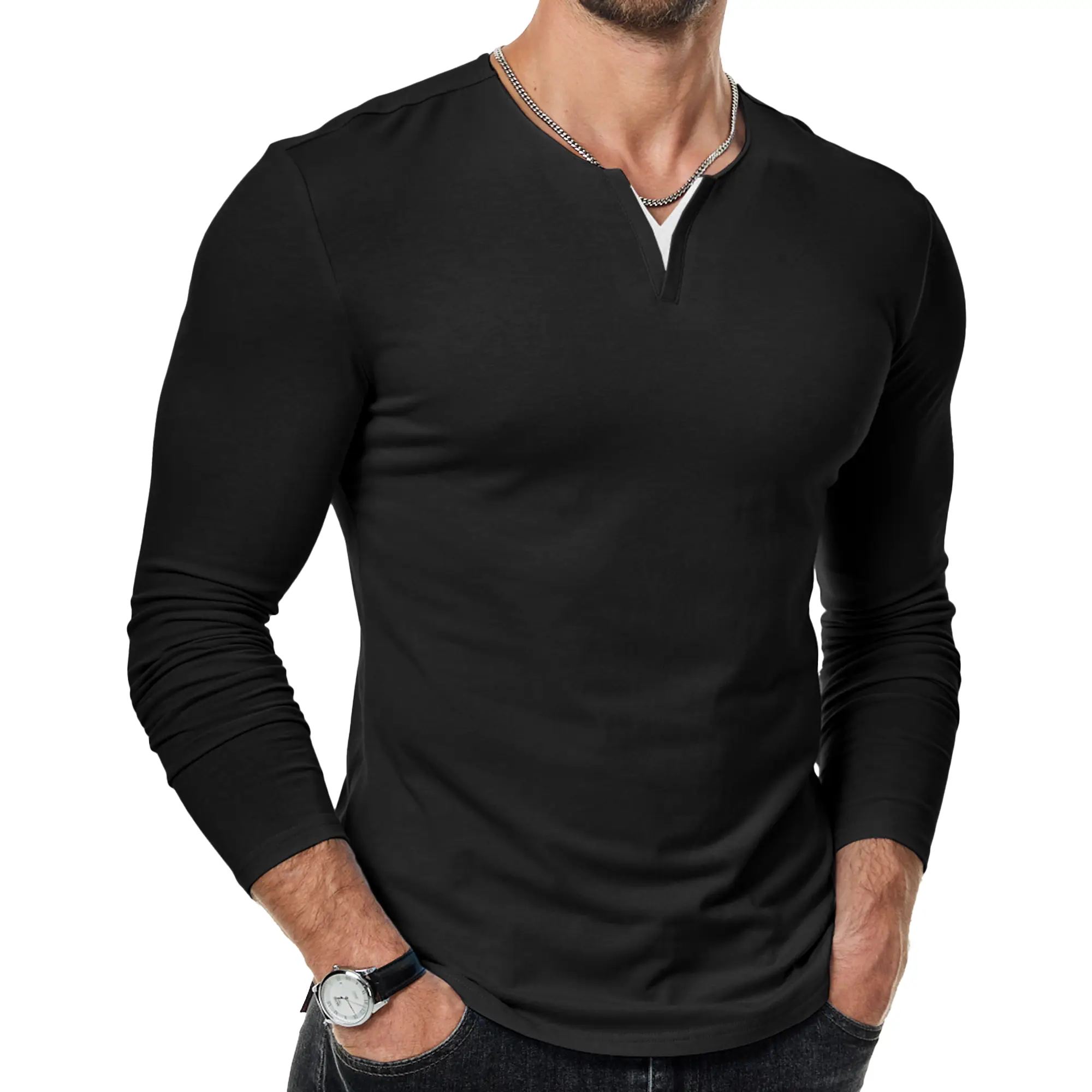 JMIERR Mens Casual Muscle Slim Fitted T Shirt Long Sleeve V-Neck Longline Soft Tee Shirt,Gym Workout Athletic Menswear Tops,Men's clothing for Daily W