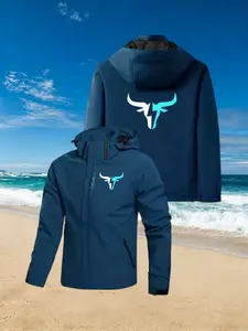 Unique Bull Print Jacket, Outdoor Functional Hooded Parka, Fashionable Loose-Fit Geometric Pattern, All-Season Wear