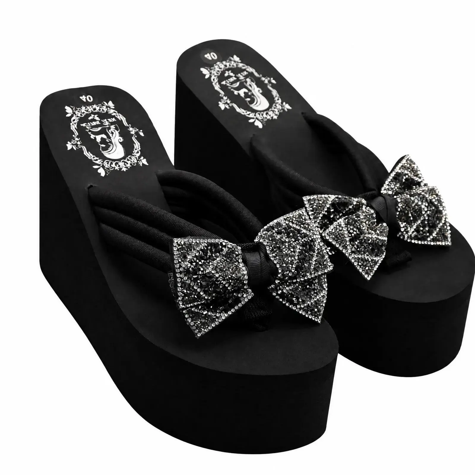 Women’s Platform Flip Flops, 4.33 Inch Wedge Sandals with Fixed Rhinestone Bow, Black Thick Sole Thong Slides, Dressy Beach Vacation Casual Sandals for Summer, Shopping, Holiday and Daily Wear