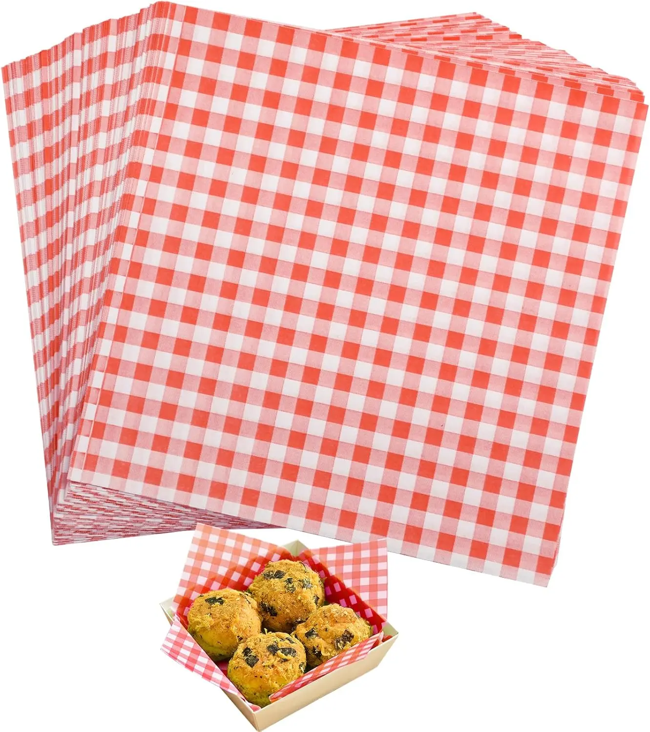 Waxed Deli Paper Sheets 7 * 7 Inch, 100 count  Basket Liners for Sandwiches, Burgers, Checkered Deli Wrap Wax Paper Sheets Red