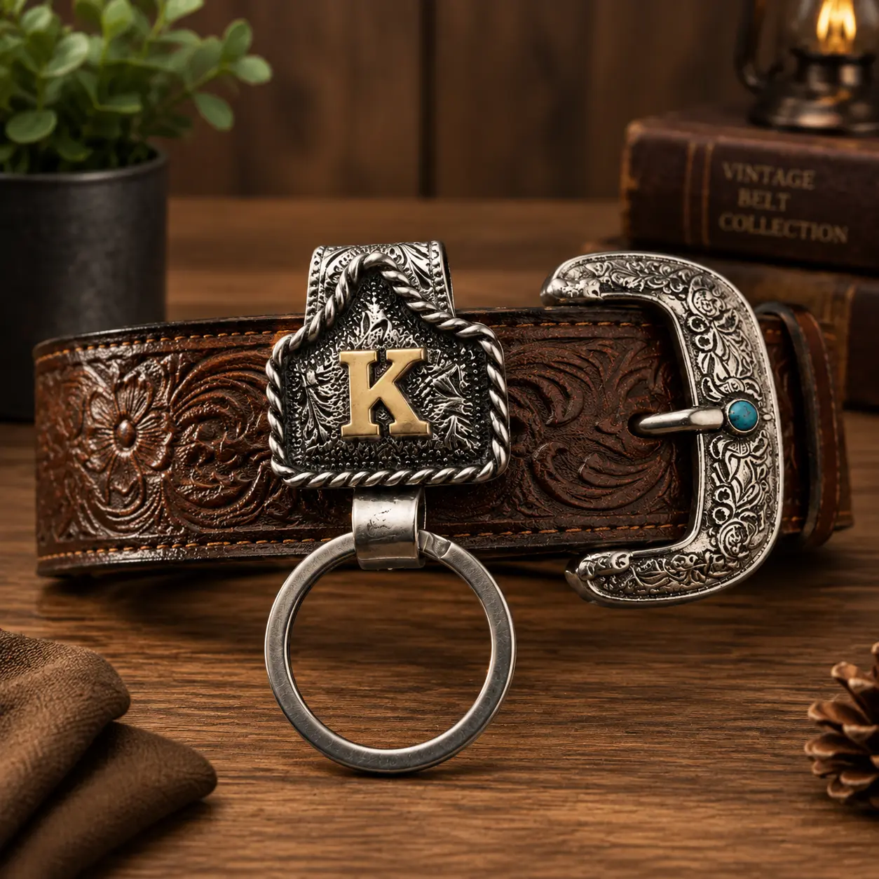 Vintage Western Initial Metal Keychain - Personalized Cowboy Belt Clip with Engraved Letter Charm, Keychains for Backpacks, Country Ranch Style Gift for Men