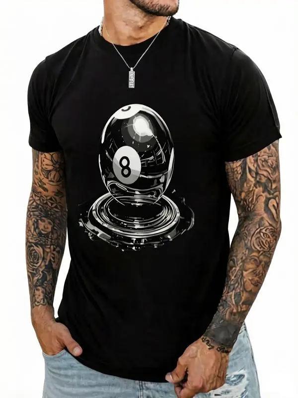 Comfortable Casual Daily Men'S T-Shirt"A Black 8-Ball Billiard Ball with Ripp"Crew Neck, Short Sleeve, Relaxed Fit, All-season Wear Cotton Menswear