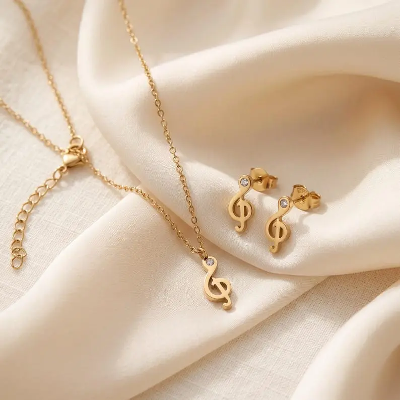 Treble Clef Necklace & Earrings Set — Gold