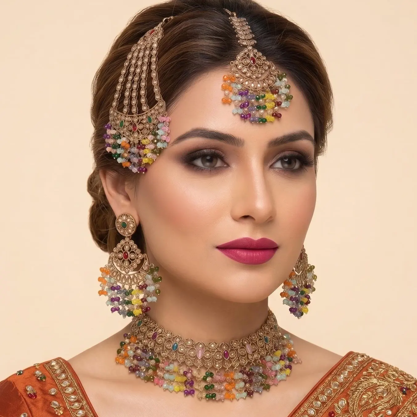 Zoya Indian Polki Necklace set with Earrings, Maang Tikka And Jhumar - Premium 4 pcs set