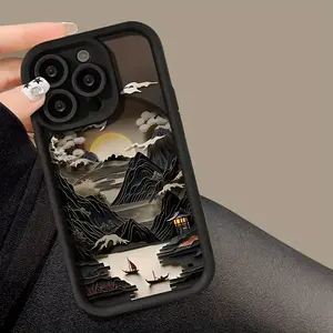 Phone case for iPhone 16 Pro Max 15 Plus 14 13 12 11 XR XS Mountain and Water Painting Pattern Anti-Scratch Shockproof TPU Bumper Drop-proof Cover Gifts for women men girls boys
