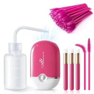 AREMOD Eyelash Extension Supplies Kit - Lash Eyelash Fan Kit - Mini Portable Fans with 50 Lash Shampoo Brush, 3 Nose Blackhead Facial Cleaning Brush, 1 Plastic Wash Bottle (ROSE)