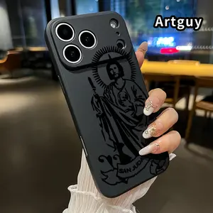 Saint Jude Symbol Pattern Straight Edge Phone Case for iPhone 17 15 16 14 Pro Max 13 12 11 XR XS Plus Air E Shockproof Drop Protection Rugged Durable Liquid Silicone Cover Cellphone Protective
