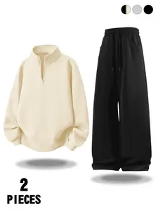 Trendy Minimalist Two-Piece Sports Set, Half-Zip Pullover Hoodie & Drawstring Wide-Leg Pants, Casual Fall Winter, Sweat Suit Set