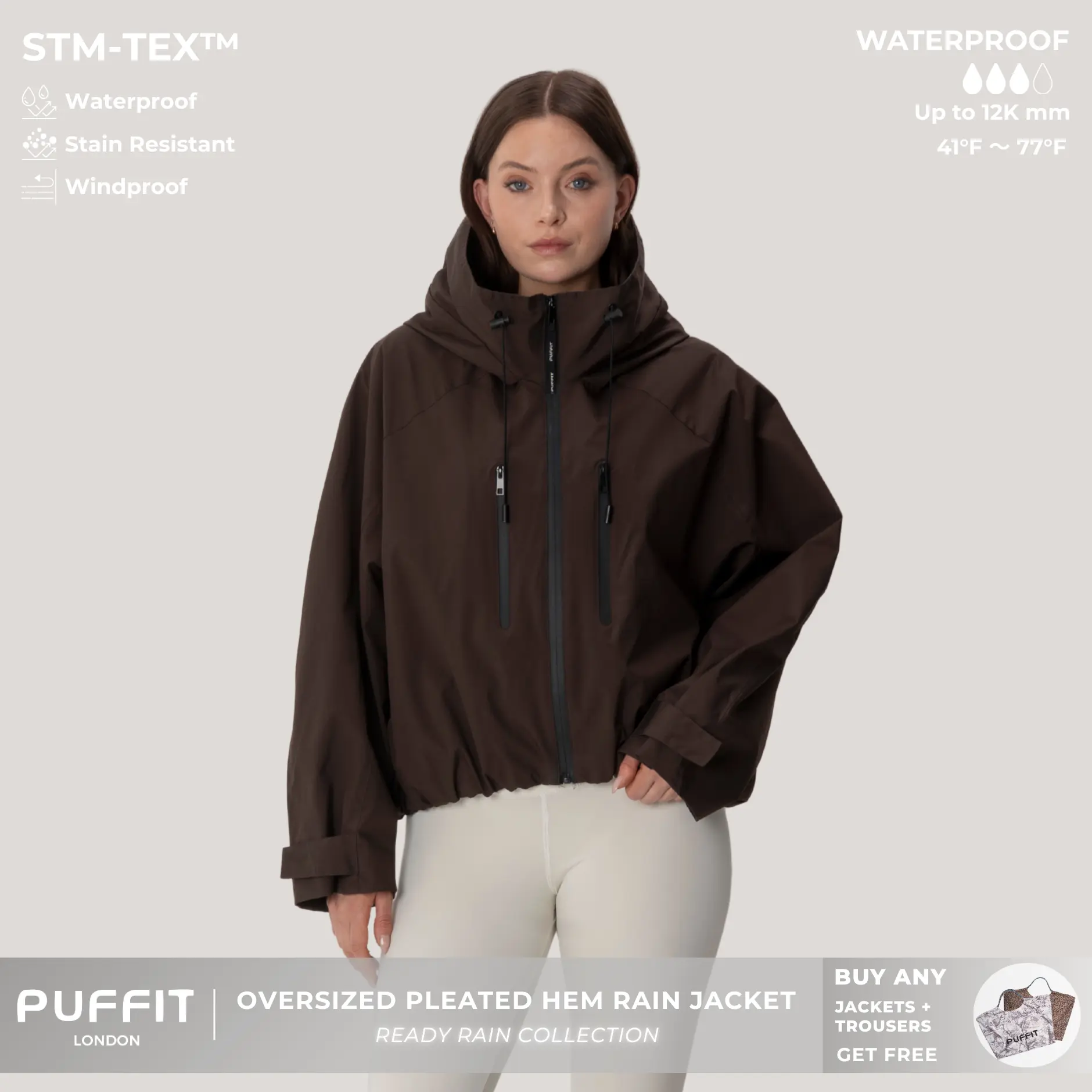 【Restocked】PUFFIT STM-TEX Short One-Size Rain Jacket With Pleated Hem,Hooded Jacket,Waterproof Jacket,Women Jacket,Wide-Brim Hood,Adjustable Cuffs,Zips,Outdoor Sport,Windbreaker,Fall,Winter,Dog Walking,School Running,Stylish,Womenswear,2026 Shopping