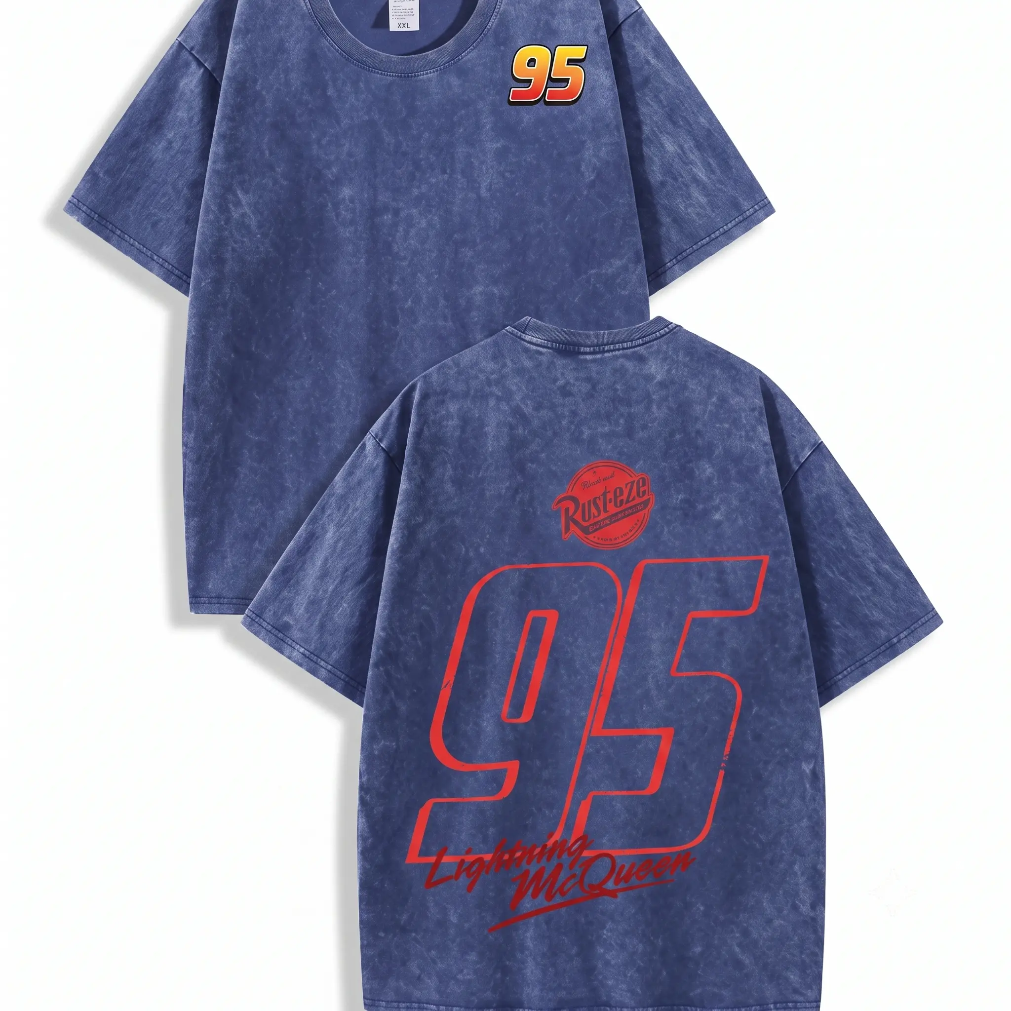 Men's 95 Rust-eze Cars Retro Movie Acid Washed Oversized Short Sleeve Cotton T-Shirt, Double-Side Print Racing Number Badge Loose Top for Car Movie Fans Street Outfits