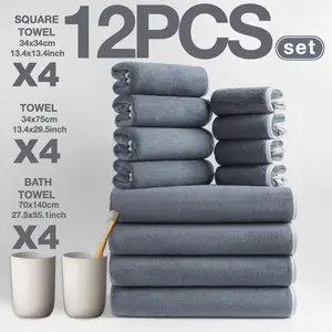 12-Piece Bath Set, Thickened Fall/winter Collection, Includes 4 Bath Towels (140x70 Cm), 4 Hand Towels (74x34 Cm), 4 Face Cloths (34x34 Cm), Quick Drying Towel, Soft Absorbent Towel