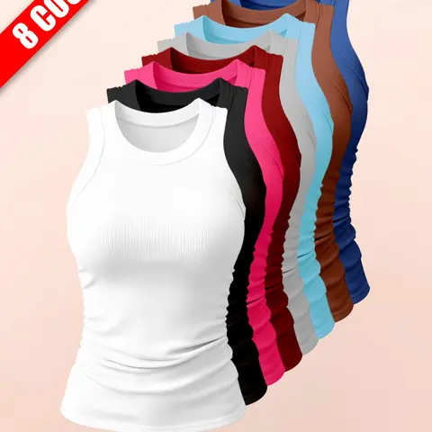 Women's Sporty Tank Top, Ribbed Round Neck Sleeveless Shirt, Solid Sports Vest, Side Elastic Straps Design, Comfortable Fashion Yoga Wear, Casual Daily Use, Sportswear Tank Top
