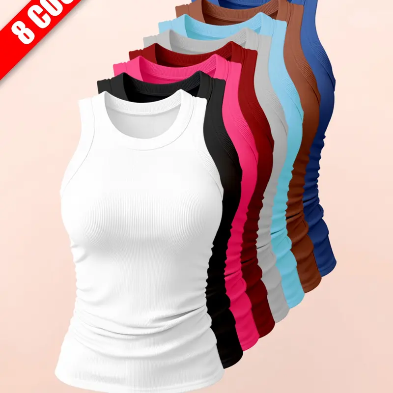 Women's Sporty Tank Top, Ribbed Round Neck Sleeveless Shirt, Solid Sports Vest, Side Elastic Straps Design, Comfortable Fashion Yoga Wear, Casual Daily Use, Sportswear Tank Top