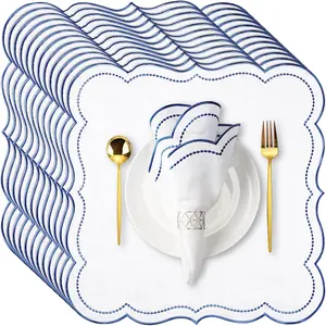 18x18 Inches Scalloped Embroidery Cloth Napkins Washable Polyester Dinner Napkins for Hotel Restaurant Weddings Events Parties, Navy Blue 12 Set