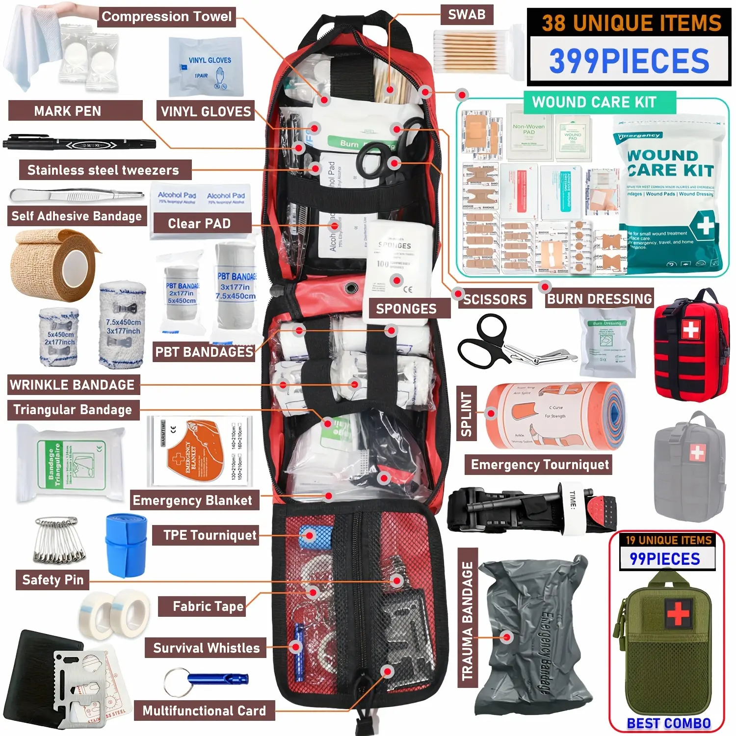399pcss/99pcs Professional Portable First Aid Kit Survival Gear For Hiking, Camping, Hunting, Car, Boat, Travel, Emergency Disaster Prep - Gifts For Men, Boyfriend, Valentine (Includes Scissors, Tweezers, Splints)