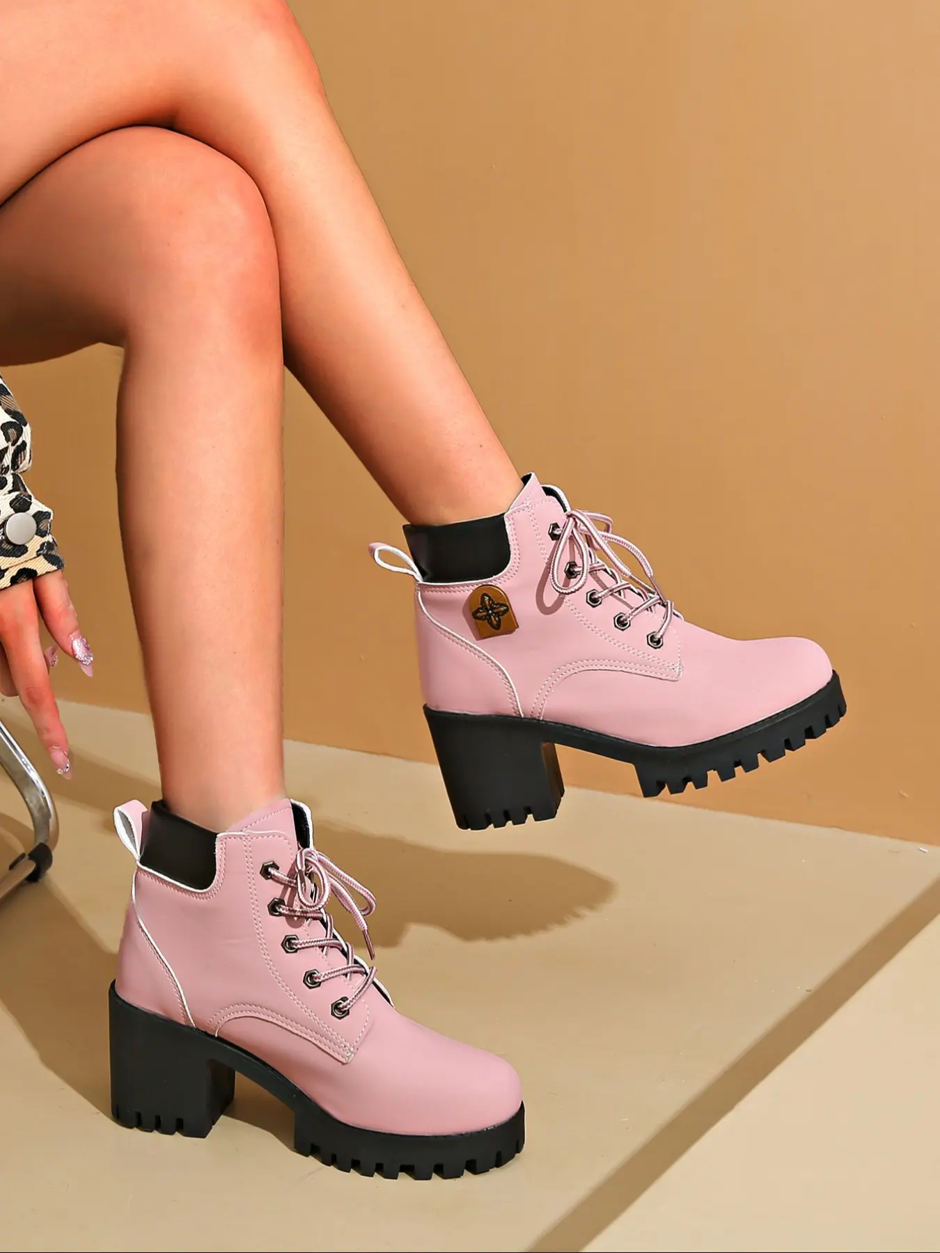 New Chunky Heel Platform Boots, Lace-Up Short Boots, Trudge Boots, Boot Heels, Fashion Versatile Women's Shoes, PU Leather, Rubber Sole, Casual Style, Fall & Winter