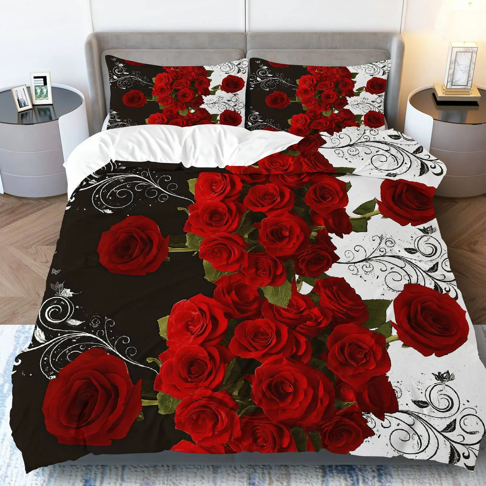 3-Piece Rose Floral Printed Bedding Set, Luxury Polyester Quilt Cover & Pillowcases, Romantic Art Style, Decorative Bedding Set, Bedroom Hotel Room Decor