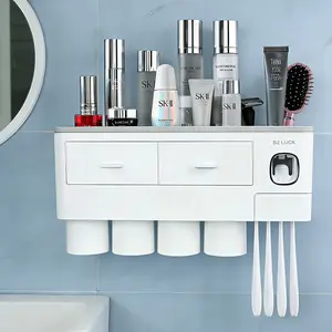 2-4 Cup Toothbrush Holders for Bathrooms Wall Mounted with Dual Automatic Toothpaste Dispensers Large Capacity Tray & Magnetic Cups for Easy Cleaning