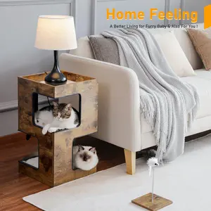 Cat Bed with Two Large Condos Scratching Pad Detachable Scratcher Wooden Cat Condo House with Plush Mats Cat Furniture Cat Toys