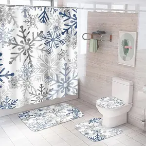 4 Pcs Christmas Shower Curtain Set with Non Slip Rug Toilet Lid Cover Bath Mat Christmas Bathroom Sets with 12 Pcs Hooks for Xmas Holiday Bathroom Decor, Bathroom Decoration Accessories, (Vivid Snowflake)