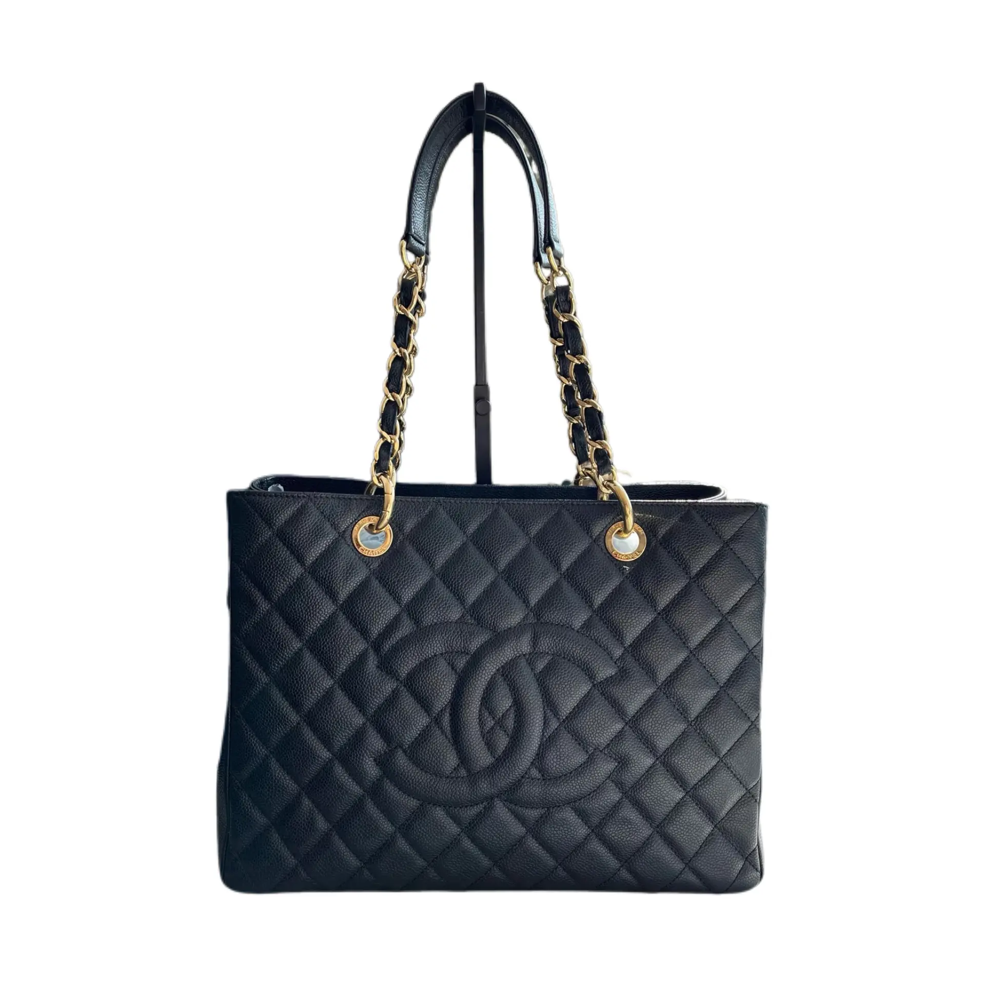 Pre-owned CHANEL Leather Tote Bags Grand Shopping Tote GST Quilted Caviar Bag Black with Gold Tone Hardware
