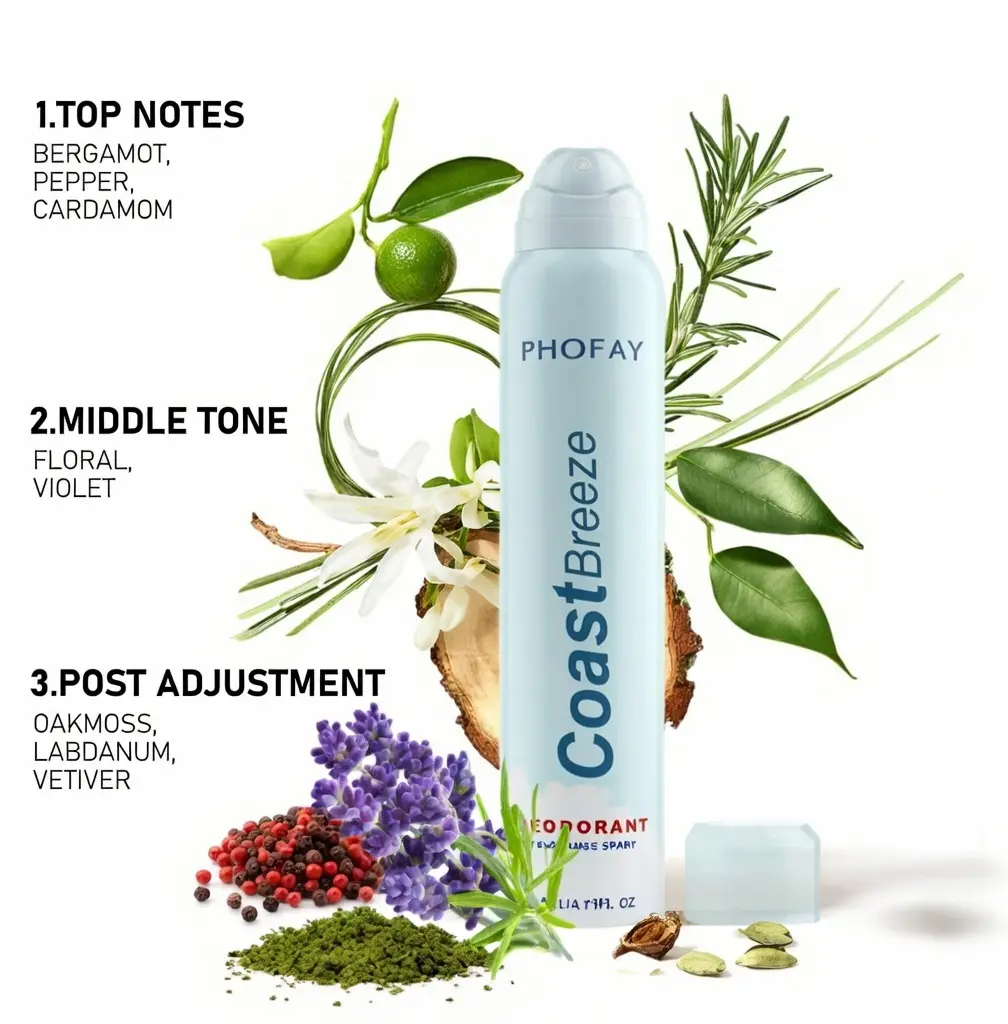 PHOFAY Coast Breeze Aluminum-Free Deodorant Spray - Body Care, Fragranced Luxury Bleu-Inspired Fragrance, 12HR Gentle Antibacterial Protection, 98% Odor Elimination with Persimmon Extract & Zinc, All-Body Non-Staining, All Skin Types