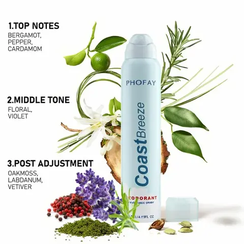 PHOFAY Coast Breeze Aluminum-Free Deodorant Spray - Body Care, Fragranced Luxury Bleu-Inspired Fragrance, 12HR Gentle Antibacterial Protection, 98% Odor Elimination with Persimmon Extract & Zinc, All-Body Non-Staining, All Skin Types, Scented, Aroma, Sens