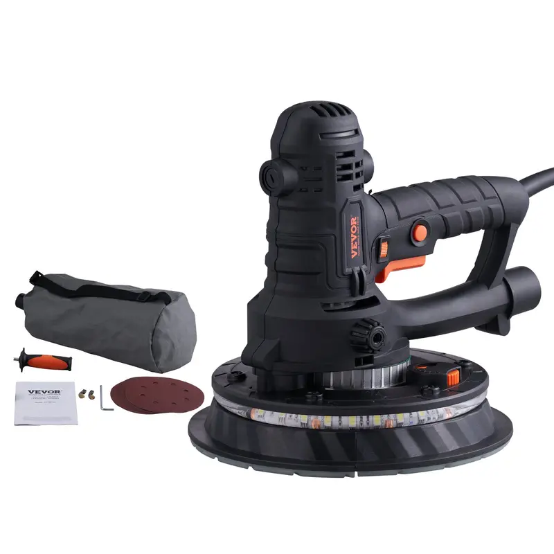 VEVOR Brush Motor Drywall Polishing Sander, Variable RPM Power Tool with Ergonomic Grip, 360° Rotation Pad, Automatic Dust Removal Vacuum, Adjustable Suction, Detachable Edge, LED Strips, Dust Bag, DIY Home Improvement Tool