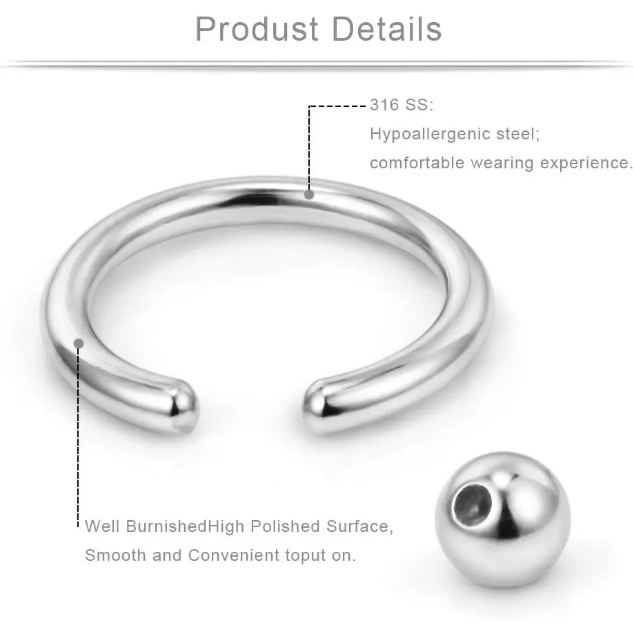 12-Piece Captive Bead Rings, 316L Surgical Steel Hoops, 14G (1.6mm) Body Piercing Jewelry Set in 6 Colors for Septum, Lip & Nipple, 14mm Diameter, 12Pcs Inner Dia.: 14Mm (Silver)