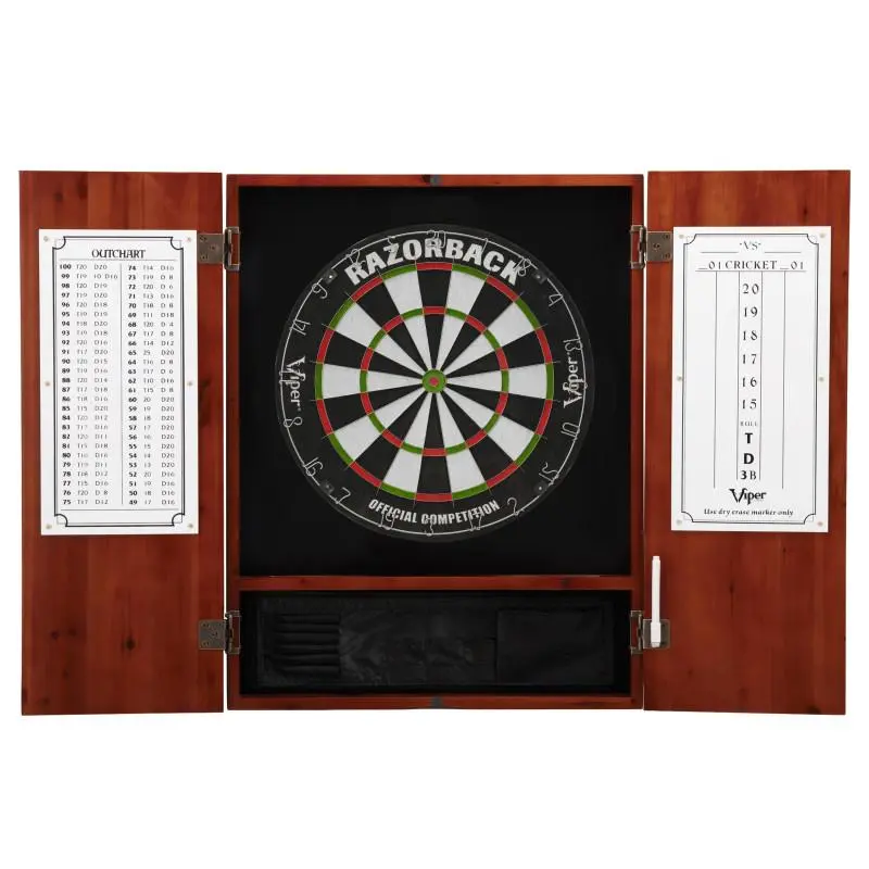 Viper Metropolitan Tournament Grade Dartboard Cabinet Set - 17.75in Standard Size Self-Healing Sisal Shot King Dartboard, Pine Wood, Steel Tips, Rotatable Number Ring, Black Cloth-Reinforced Back, Cinnamon Finish, Wall-Mounted, Extends Board Life