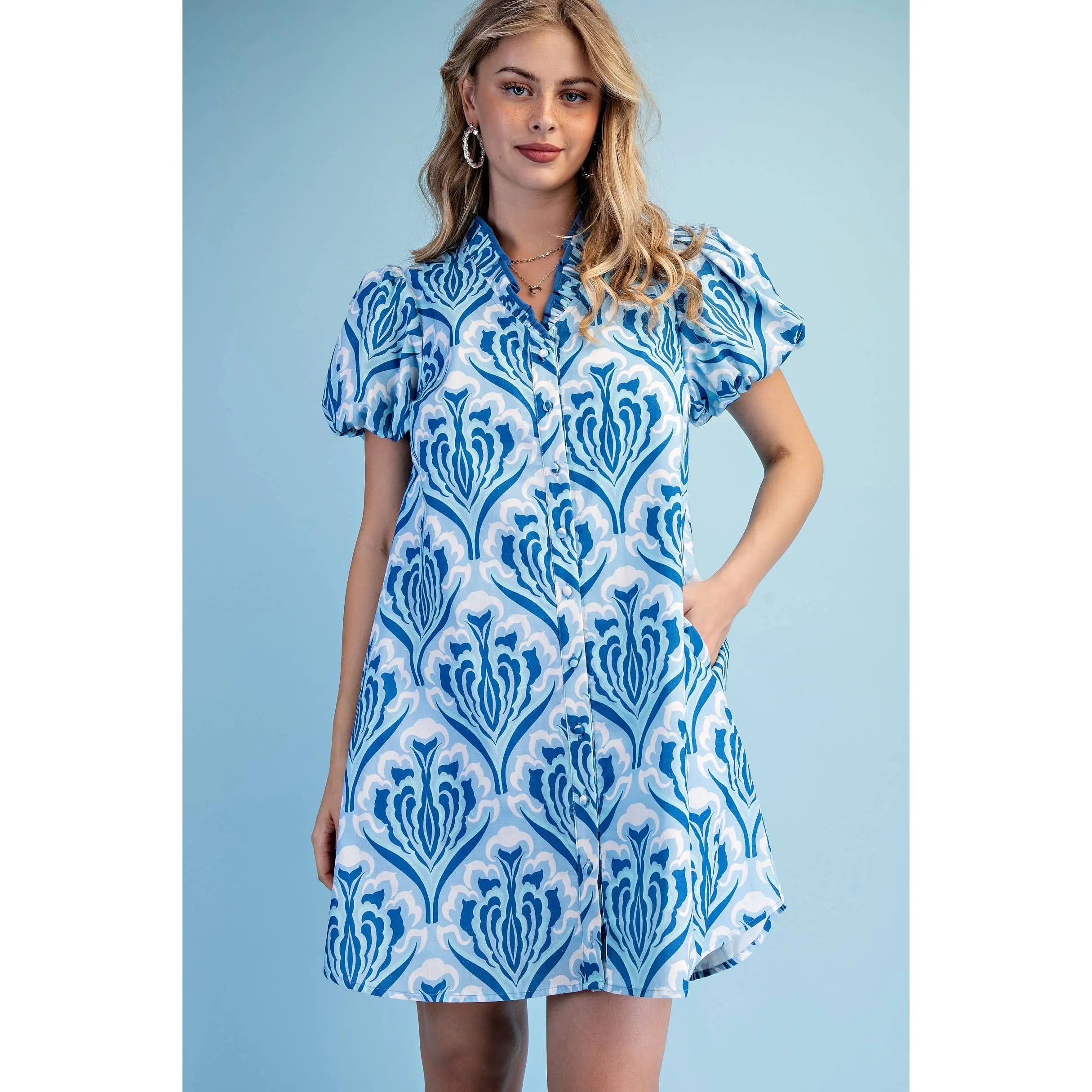 Tulip Trellis Print Ruffle V-Neck Dress