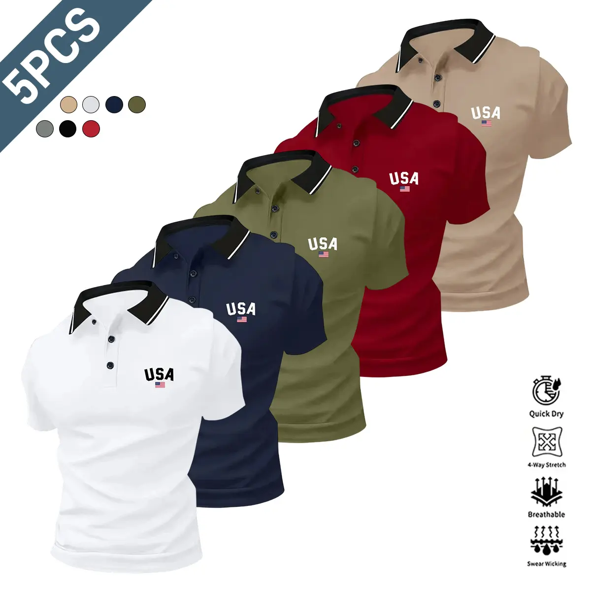 5-Pack Men’s Golf Polo Shirts – High-Performance, Quick-Dry Moisture-Wicking Casual Solid Short-Sleeve Sports Tops