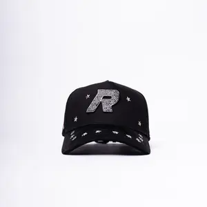 Restless Black Baseball Cap with Rhinestone Letter R & Star Embellishments for Stylish Outfits