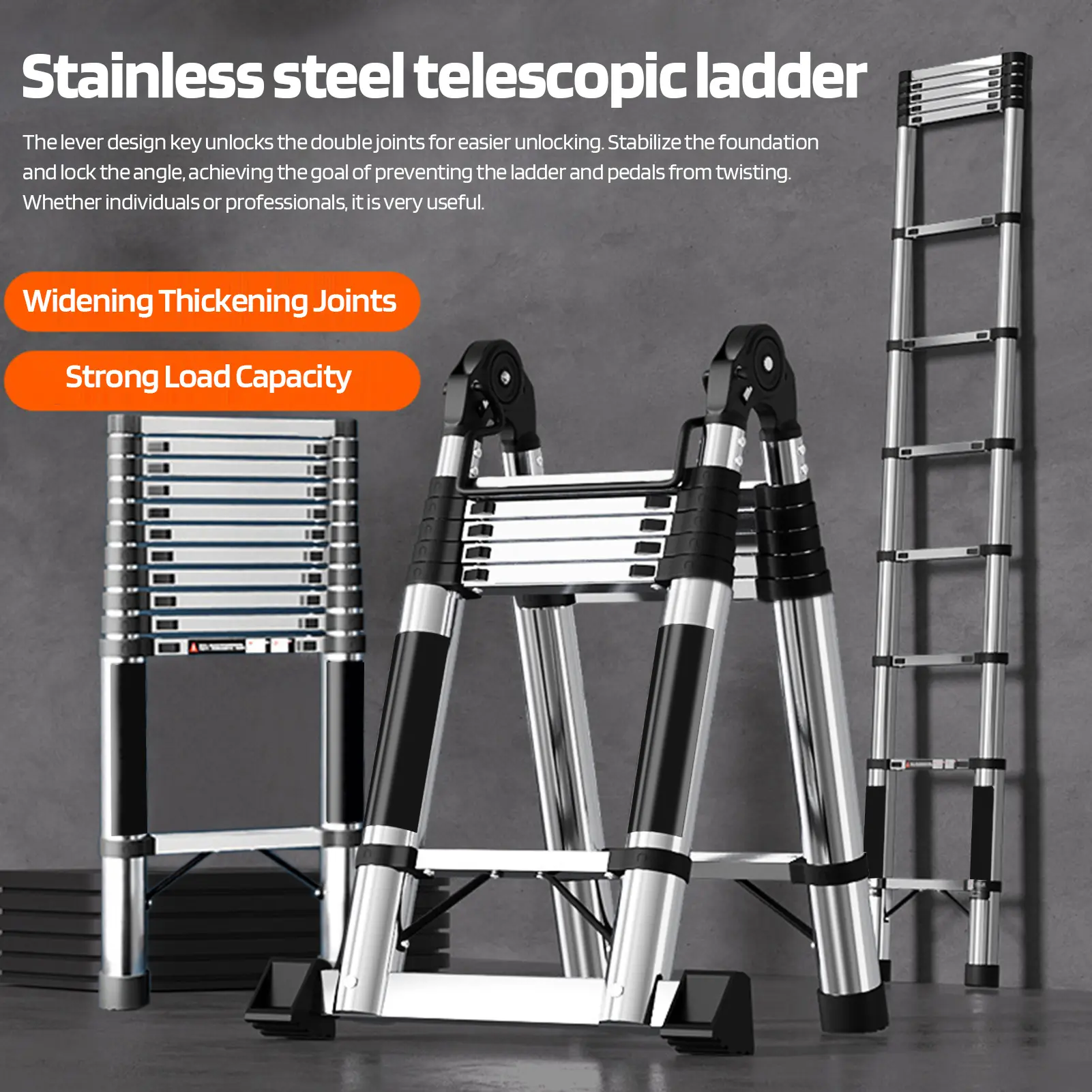 Telescoping Extension Ladder, Stainless Steel Folding Telescopic Ladder with Locking Mechanism, Multi-Purpose Collapsible Ladder for Home or RV Outdoor Work, Heavy Duty 330 lbs Load