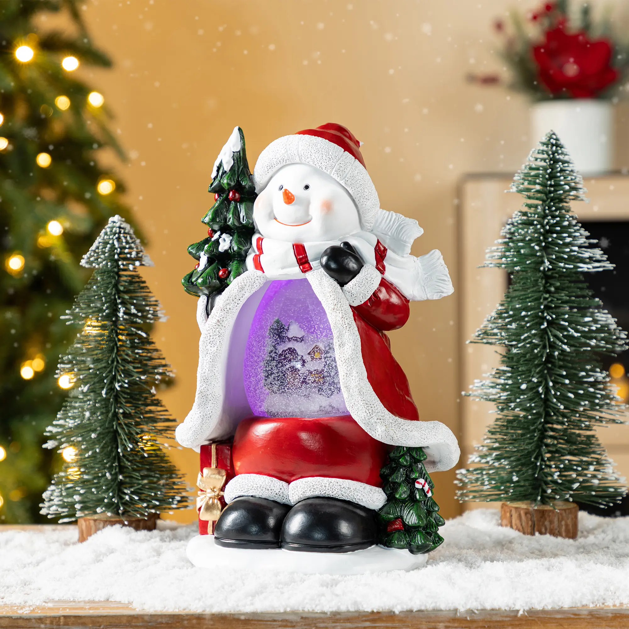 Glitzhome 100mm Magical Multicolor Lighted Resin Snowflakes Snowman Waterglobe Figurine, Festive Home Decoration