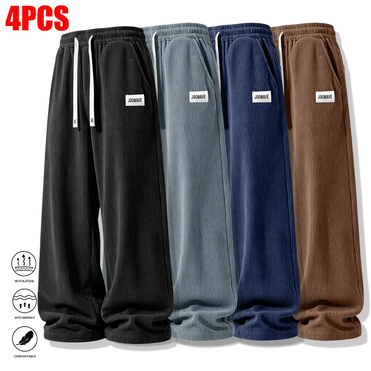 4 Pack Men's Plain Trousers, Casual Wide-Leg Loose Fit Pants with Drawstring Waist, Comfortable Menswear for Sports and Everyday Wear