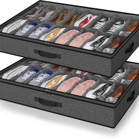 2 Pack Under Bed Storage Shoe Organizer Bags for Wardrobe Under Bed Storage Bedding With Sturdy Handles and Clear Window