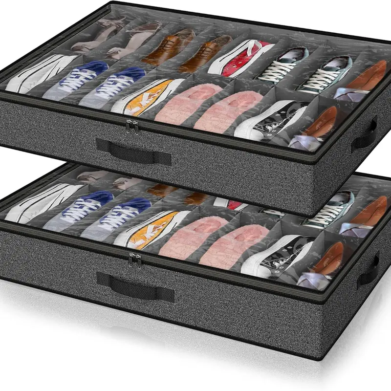 2 Pack Under Bed Storage Shoe Organizer Bags for Wardrobe Under Bed Storage Bedding With Sturdy Handles and Clear Window