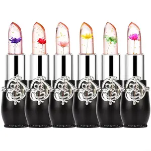 Pack of 6 Crystal Flower Jelly Lipstick, Long Lasting Nutritious Lip Balm Lips Moisturizer Magic Temperature Color Change Lip Gloss (Black)