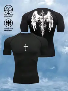 Men's Wing & Cross Print Compression Tight Fit Short Sleeve Sports T-Shirt Workout Tops Gym Top Compression Shirt Breathable Fitted Shirt Crew Neck Bodybuilding Workout  Fitness Sportswear Menswear Tight T-shirt