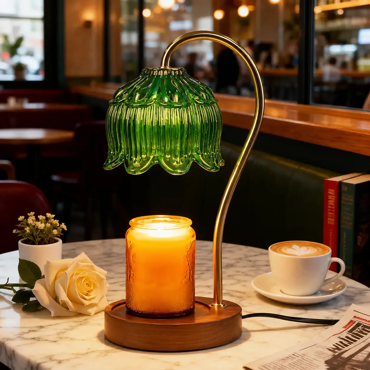 Dimmable Flower Candle Warming Light with Timer, Jar, Green Decorative Design for Unique Bedding Decoration Home Goods