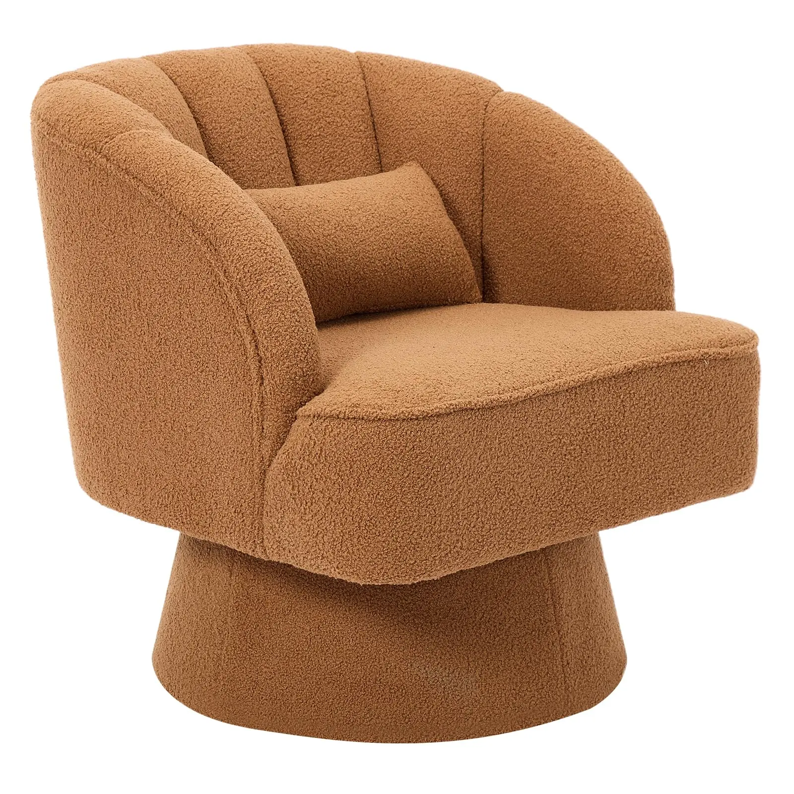 Garvee Modern Swivel Barrel Accent Chair – 360° Rotating Stuffed Fleece Armchair – Striped Backrest & Soft Padding – Ideal for Living Room, Bedroom, Reading Nook – Brown