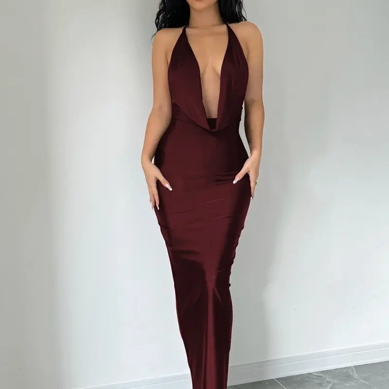 Women's Solid Backless Draped Tie Back Soft Satin Dress, Elegant Sleeveless Dress, Fashion Halter Neck Sleeveless Long Slim Fit Bodycon Dress for Evening Parties, Ladies Summer Clothes, Formal Wear, Womenswear