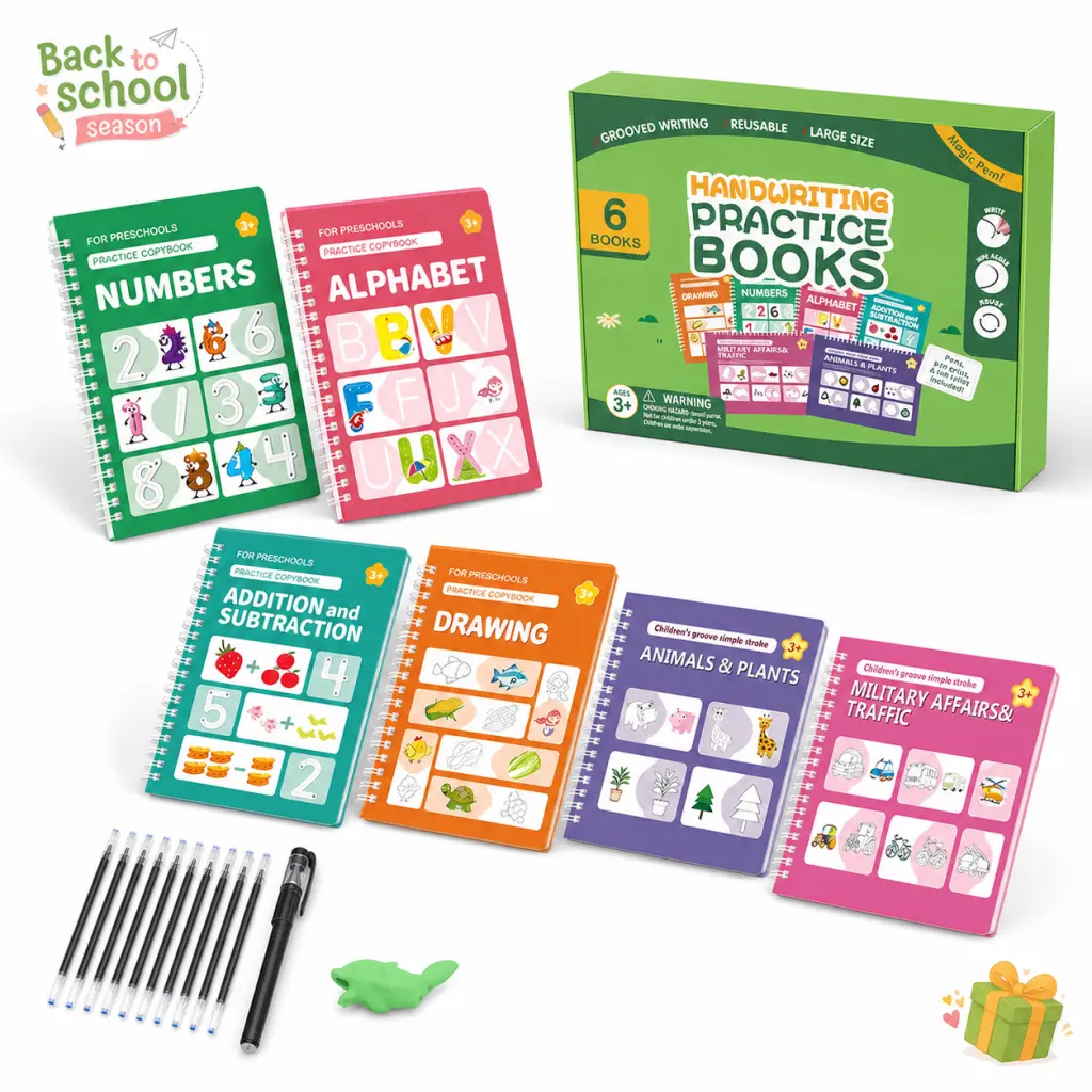 Back to School Kids Activity Kit - DIY Reusable Writing Practice Workbook with Magic Pen, 6 Theme Drawing Craft Books, Alphabet/Numbers/Math Tracing, Montessori Toy for Focus & Creativity, Preschool Unisex Ages 3-6 (Animals, Vehicles)